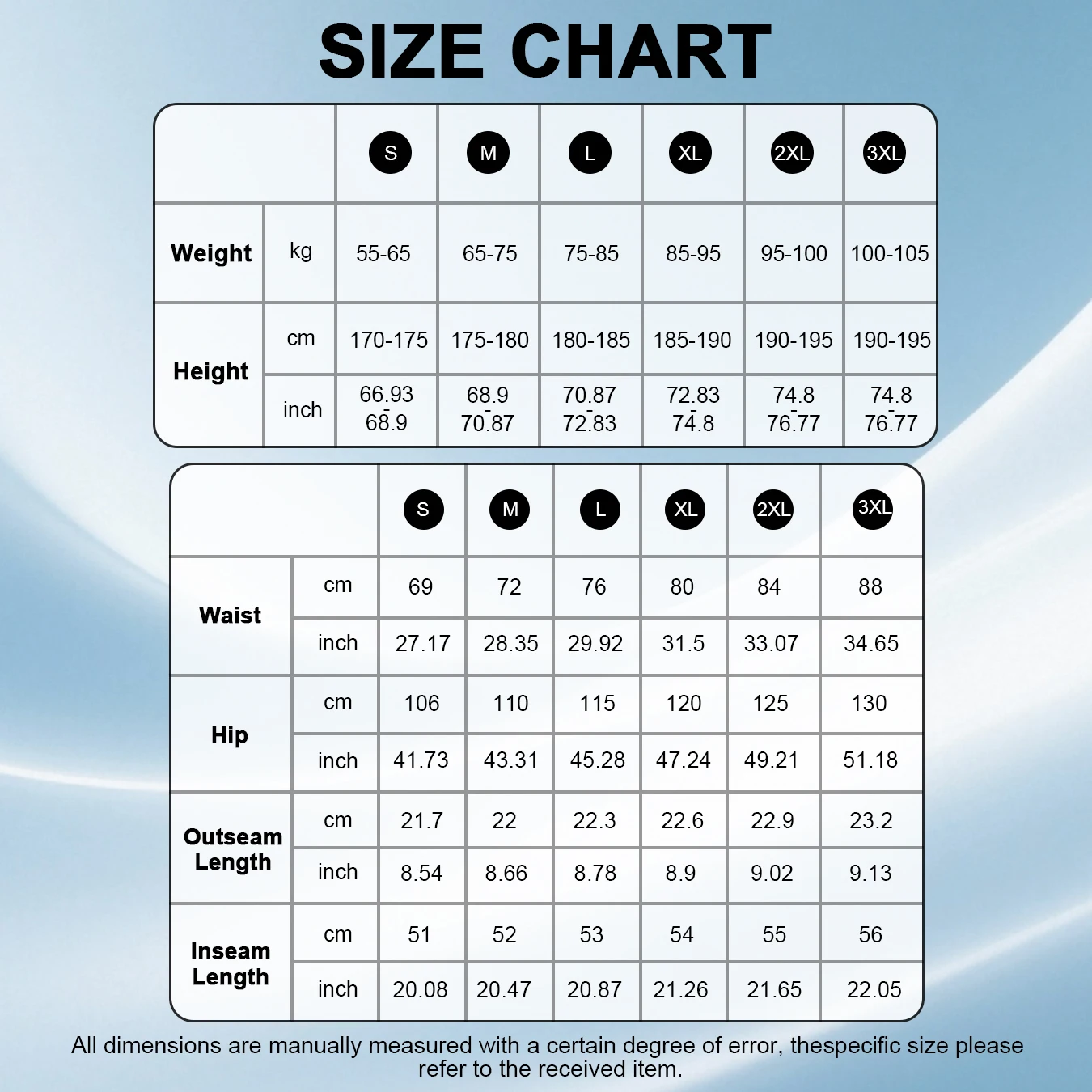 Original supplier size chart for cargo shorts