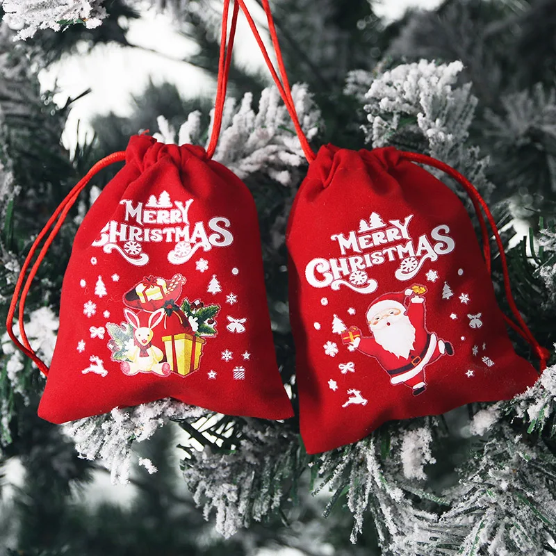 (5 Pieces/bag) 10*12cm Christmas Ornament Gift Bag Velvet Candy Bags Cartoon Cute Pattern Apple Bag Storage Package