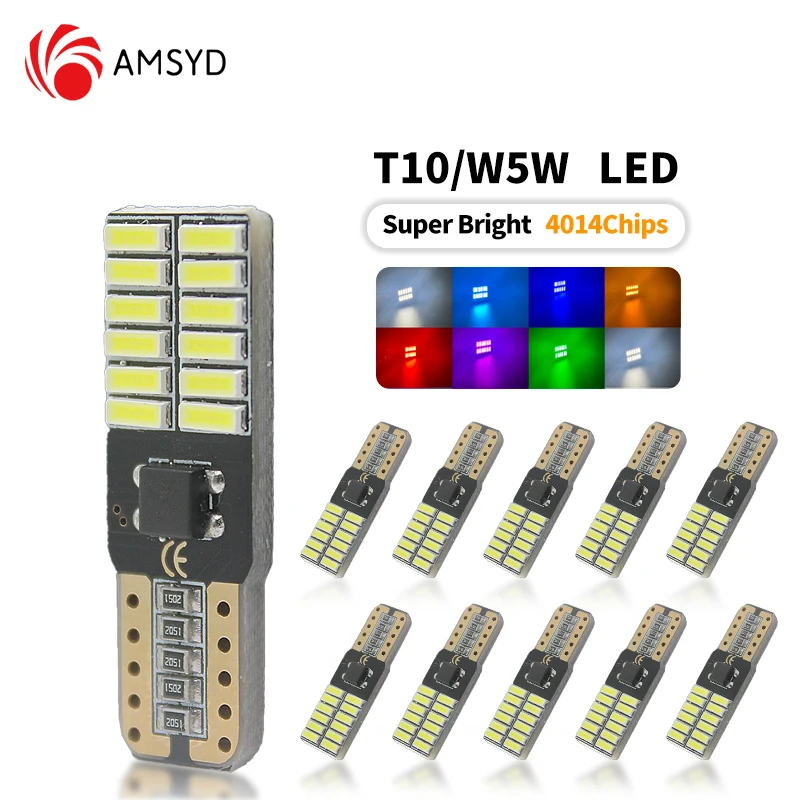 10 шт., Автомобильные светодиодные лампы T10 W5W CANBUS 4014 24smd 6000K