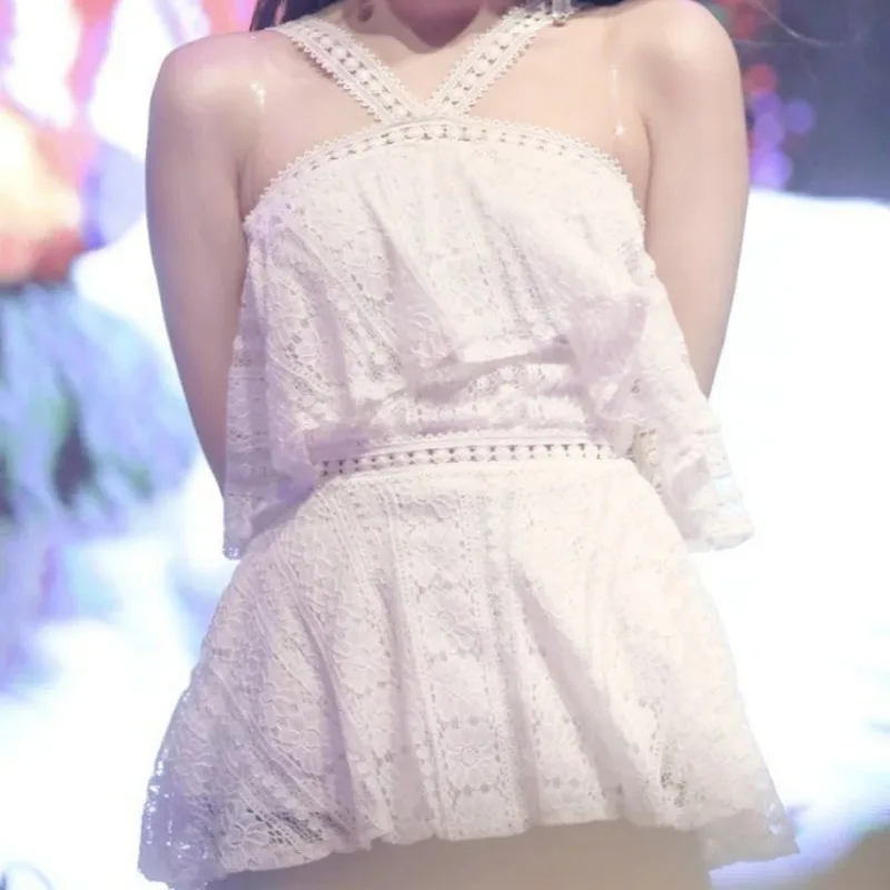 

Kpop Jennie Женская Корейская джазовая танцевальная одежда сценический костюм белое кружевное платье на бретельках танцевальная одежда праздничная женская одежда футболка