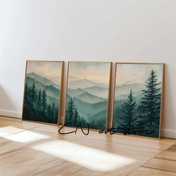 Stile ad acquerello Nebbia Foresta di montagna Galleria di paesaggi Poster artistico Pittura su tela Stampa da parete Immagine per soggiorno Decorazioni per la casa