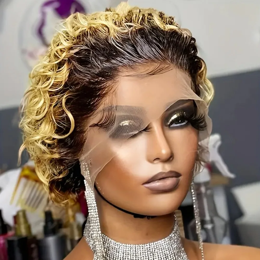 Highlight Short Pixie Cut Wig Transparent Lace Frontal Wig Short Curly Human Hair Wigs For Black Women Deep Wave Lace Front