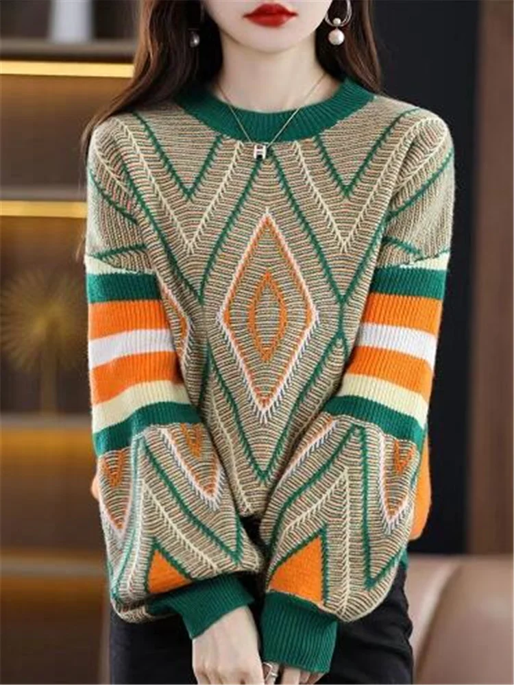 

Round Neck Sweater For Women Wool Blend Kintwear Geometry Loose Jumpper Top Lazy Bottoming Basic Casual Female Kint Sweater