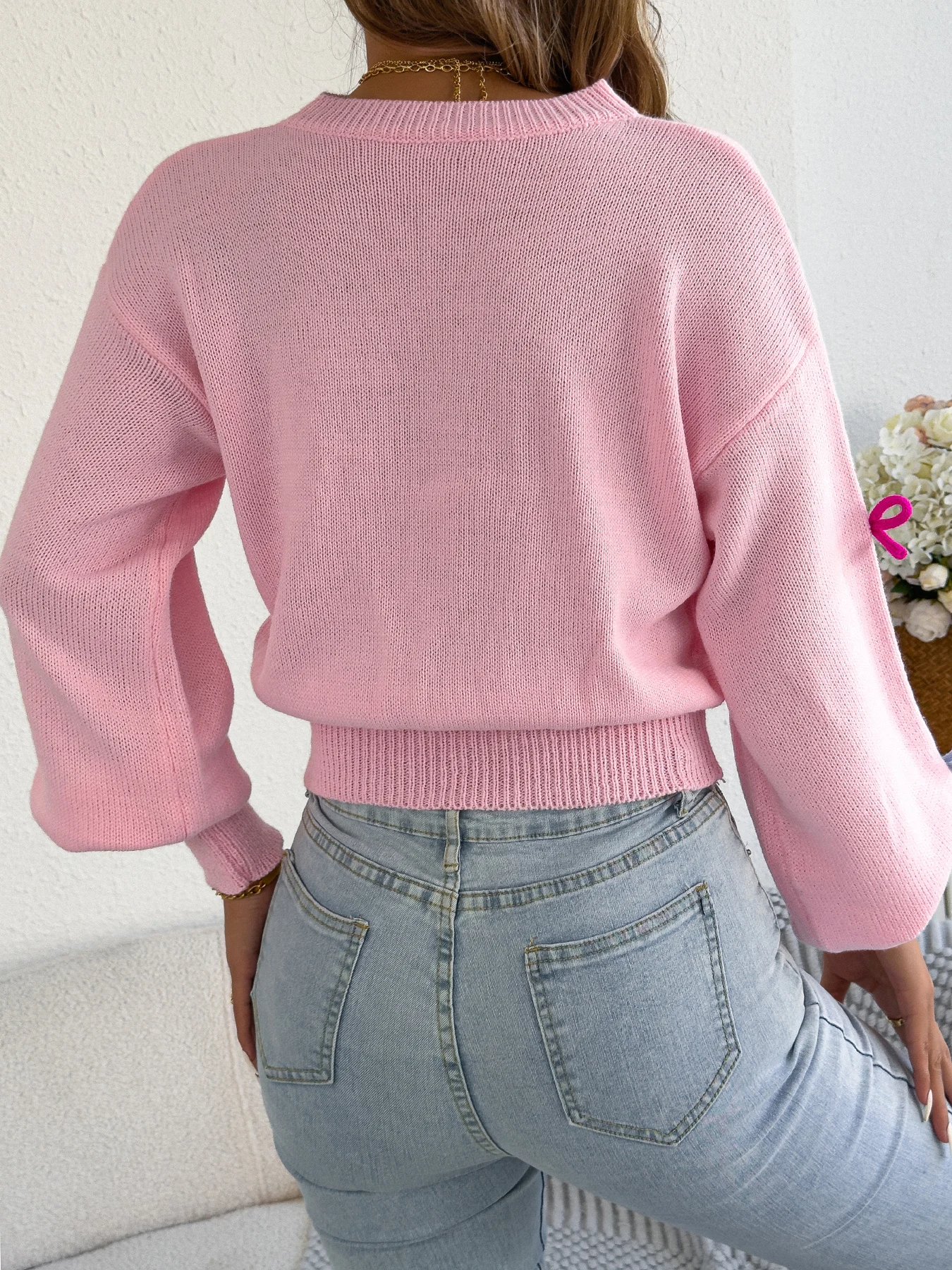 Women Knitted Sweater Round Neck Lantern Long Sleeve Top