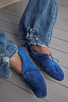 Blue Suede Split-Toe Lace-Up Flats, Soft Goat Leather Handmade Shoes, Retro Minimalist Casual Style - Image 5