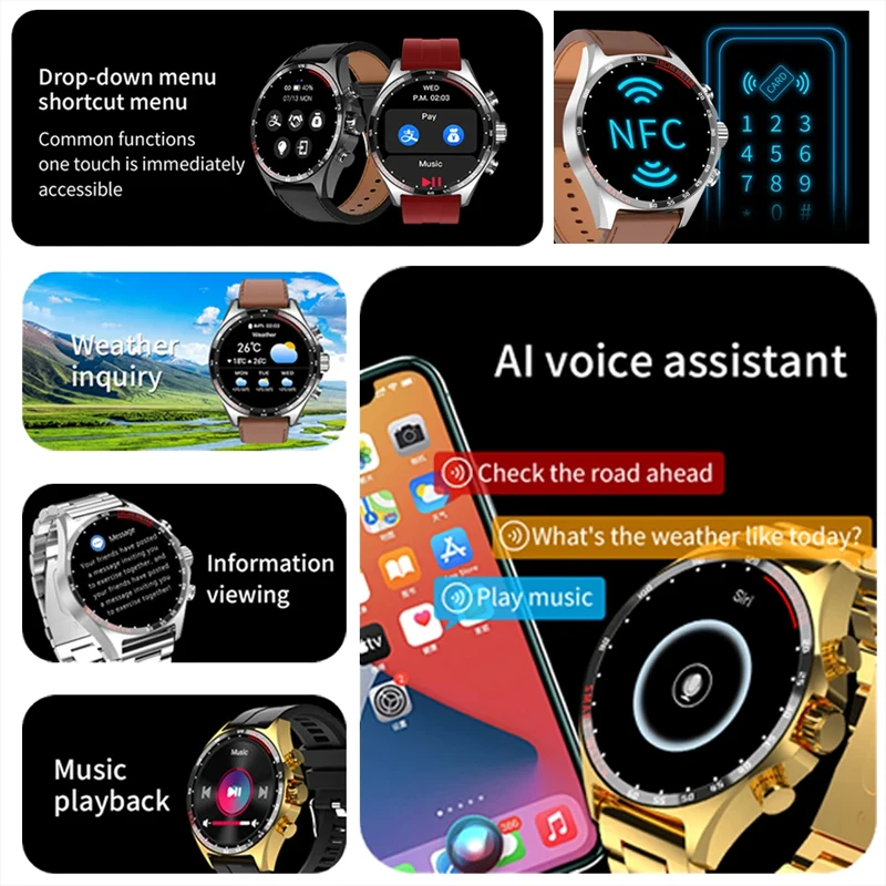 Hotsale Silver Gold Stainless Steel Color Smart Watch 1.58 Inch Bt Call Nfc Wireless Charging Smartwatch 2