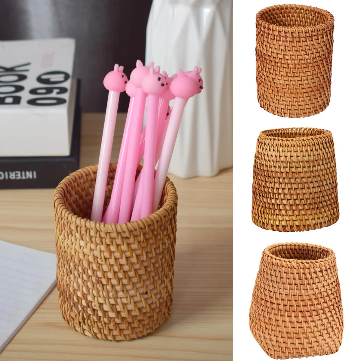 

Creative Rattan Pen Holder Large Capacity Tableware Storage Box Pen Holder Pencil Desktop Organizer School Office Stationery