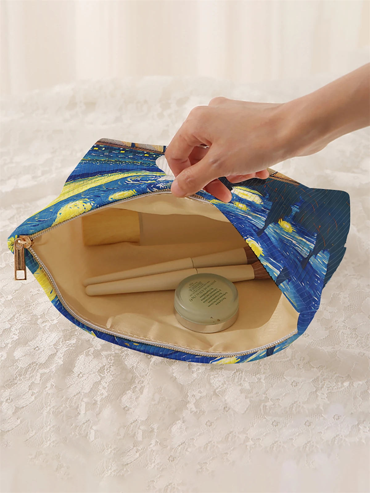 1, starry sky patterned corduroy makeup bag, lightweight zipper makeup storage box, multifunctional bag with lining