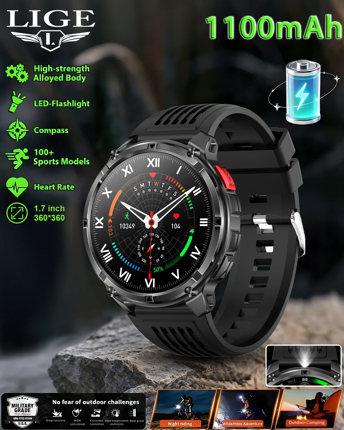 2026 Outdoors Military Smart Watch 1100mAh Men 1.7" AMOLED Built-in Compass Altimeter IP68 Waterproof Clock BT Call Smart Watch 1