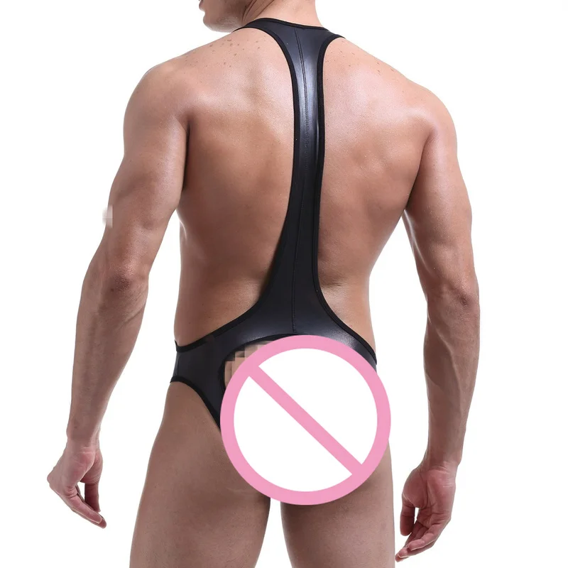 Sexy Lingerie Men PU Leather Undershirts Leotard Exotic Bodysuits Singlet Jumpsuit Fetish Bondage Teddy Bugle Pouch Underwear