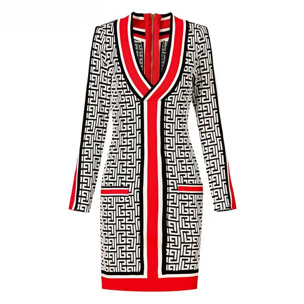 

Early Autumn Design Sexy Deep V-neck Women Vintage Geometrical Embroidery Slim Knitting Lady Stretchy Dress