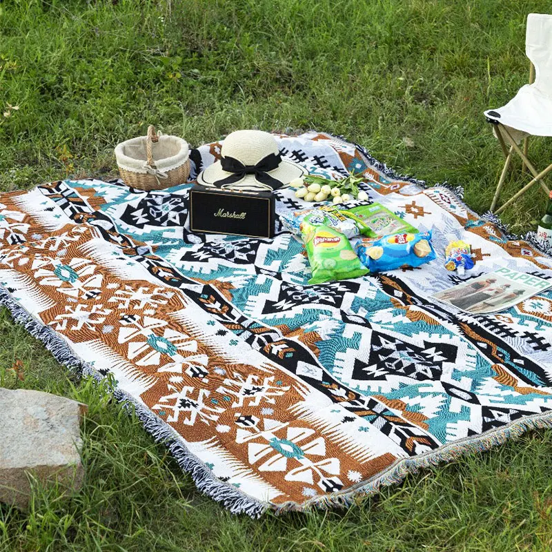 

Bohemian Picnic Blanket with Tassels Geometric Polyester Cotton Outdoor Camping Beach Mat French Style Plaid Tent Ground Pad