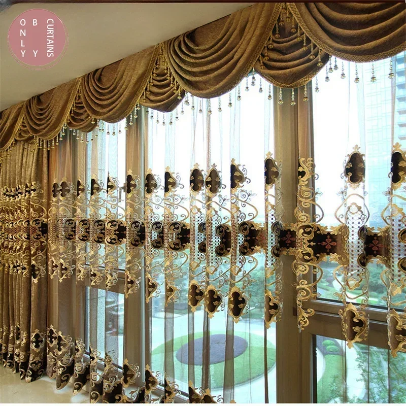 Embroidered Chenille Velvet Curtains for Living Room Bedroom European Modern Brown Gold Sheer Tulle Windows Backdrop Valance