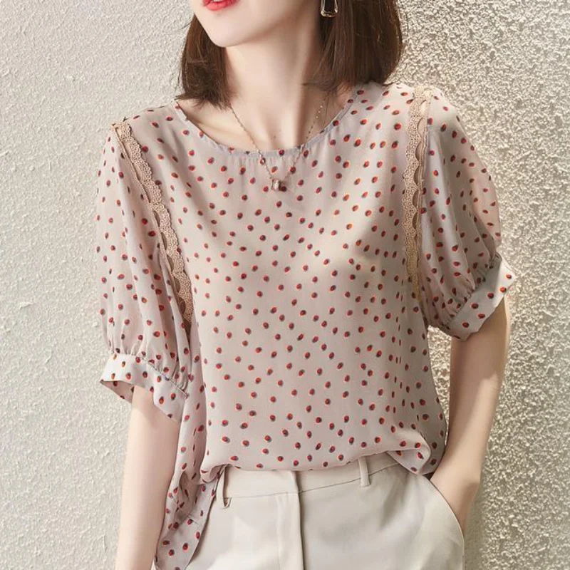 Chiffon Shirt Women's Short Sleeve Summer 2023 New Style Korean Version Loose Lantern Sleeve Printed Chiffon Lady Blouse