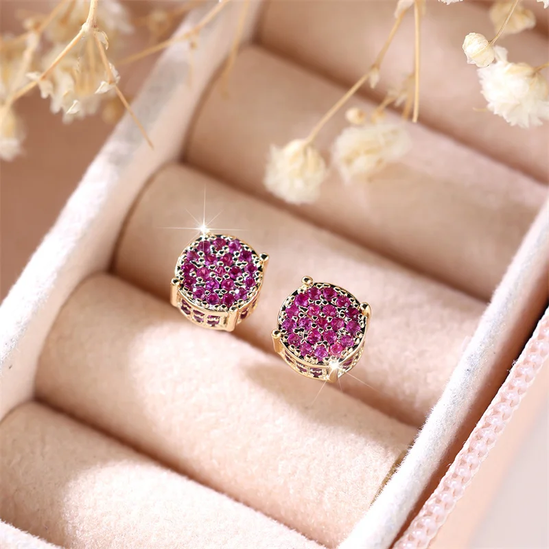 Luxury Female Red Stone Stud Earrings Gold Color Zircon Stone Jewelry For Women Charm Crystal Wedding Earring