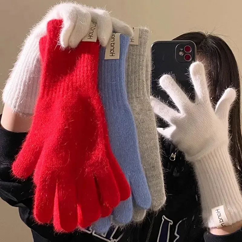 Women Wool Cashmere Gloves Cable Knit Touchscreen Finger Hole Winter Autumn Warm Wrist Length Classic Gloves Female Mitten - 3
