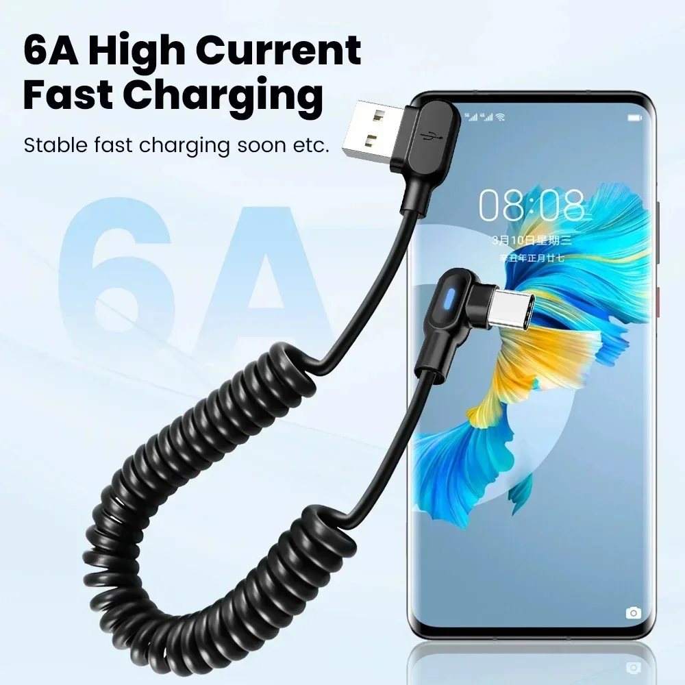 High-Power USB-C Fast Charging Cable with Elbow Design and Stretchable Spring