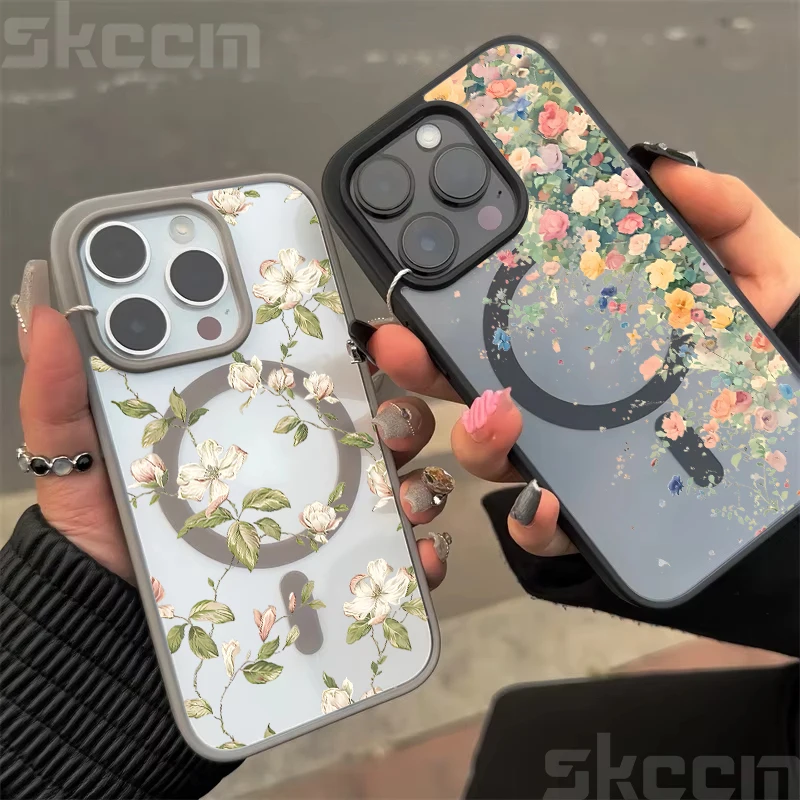Charming Floral Design Matte Magnetic Clear Phone Case with Wireless Charging Capability