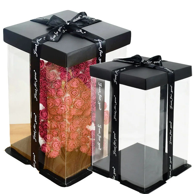 20/28cm Artificial Rose Foam Bear Transparent Box Valentine's Day Flower Gifts Cake Packing For Wedding Birthday Party Decor |