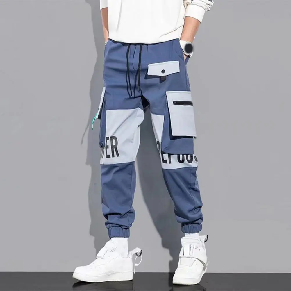 

Men Casual Pants Men's Cargo Pants with Drawstring Waist Multiple Pockets Featuring Letter Print Ankle-banded Contrast for Any