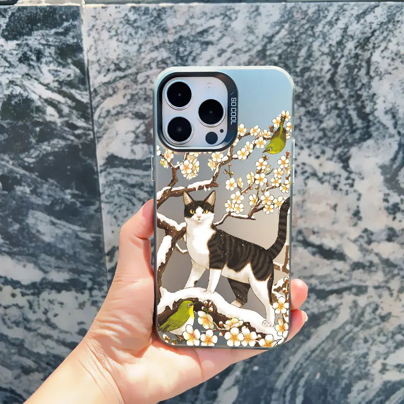 Schöne schwarze Katzen und Blumen Handy hülle für iPhone 13 Mini 12 11 Pro Max 15 14 13 Pro Max 15 14 plus stoß feste Laser-Rückseite – Detail 6