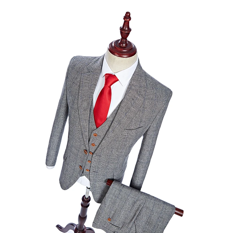 Wool Grey Fine Houndstooth Check Tweed Business Slim Fit Wedding Suits For Men Groom Tuxedos