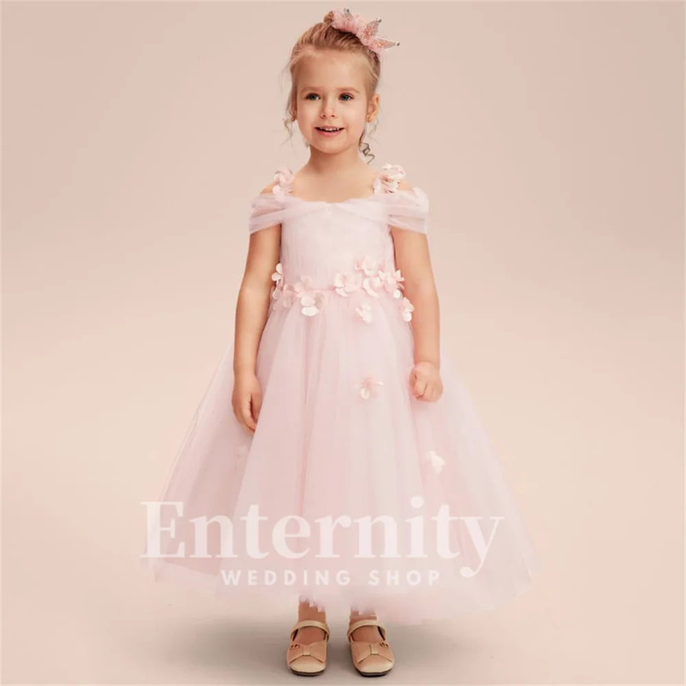 Flower Girl Dresses A Line Cold Shoulder Girls Elegant Dresses Tea-Length Tulle Flower Bow Wedding Dresses Vestidos Para Niñas