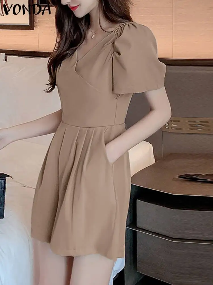 

Fashion VONDA Summer Short Playsuits Women Rompers 2023 Jumpsuits Casual Short Puff Sleeve Pockets Wide Leg Pants