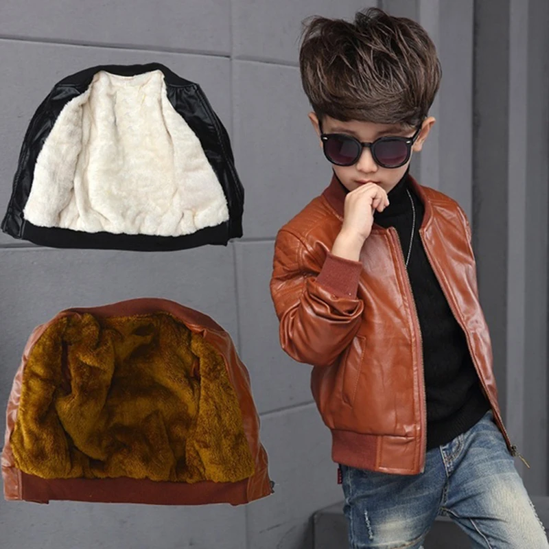Boys Coats Autumn Winter Fashion Korean Children's Plus Velvet Warming Cotton PU Leather Jacket For 3-8Y Kids Jacket Outerwear - 2