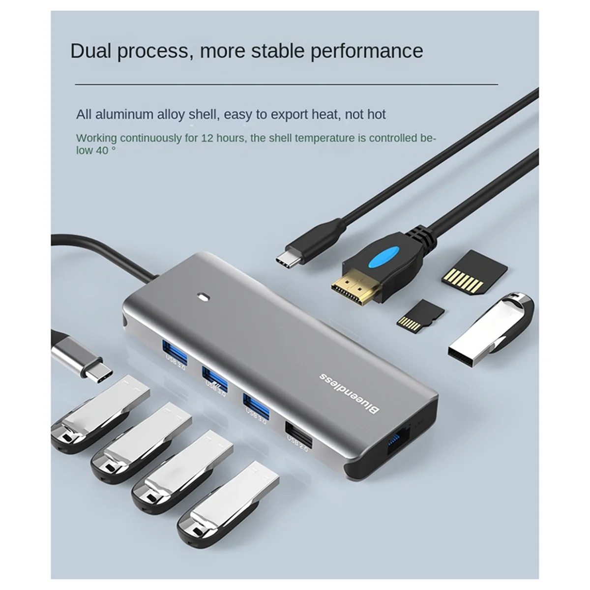 Blueendless Aluminum USB C to 10 in 1 HUB 4k 60hz Type-C HDTV 100w with PD for MacBook Pro Accessories SSD Case