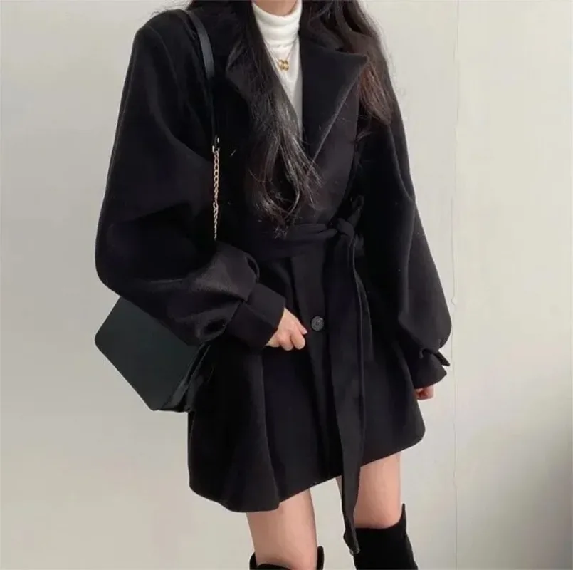 

Women Mid Length Blazer Collar Woolen Coat with Belted Loose Fashion Overcoat Solid Trench Coats Niche Vintage Winter Jacket