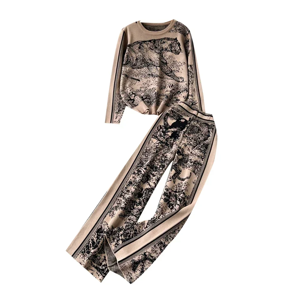 20204 New 2 Pieces Set Knitted Animal Print Sets Women O Neck Long Sleeve Knitwear+Wide Leg Long Pants Casual Patch Fashion