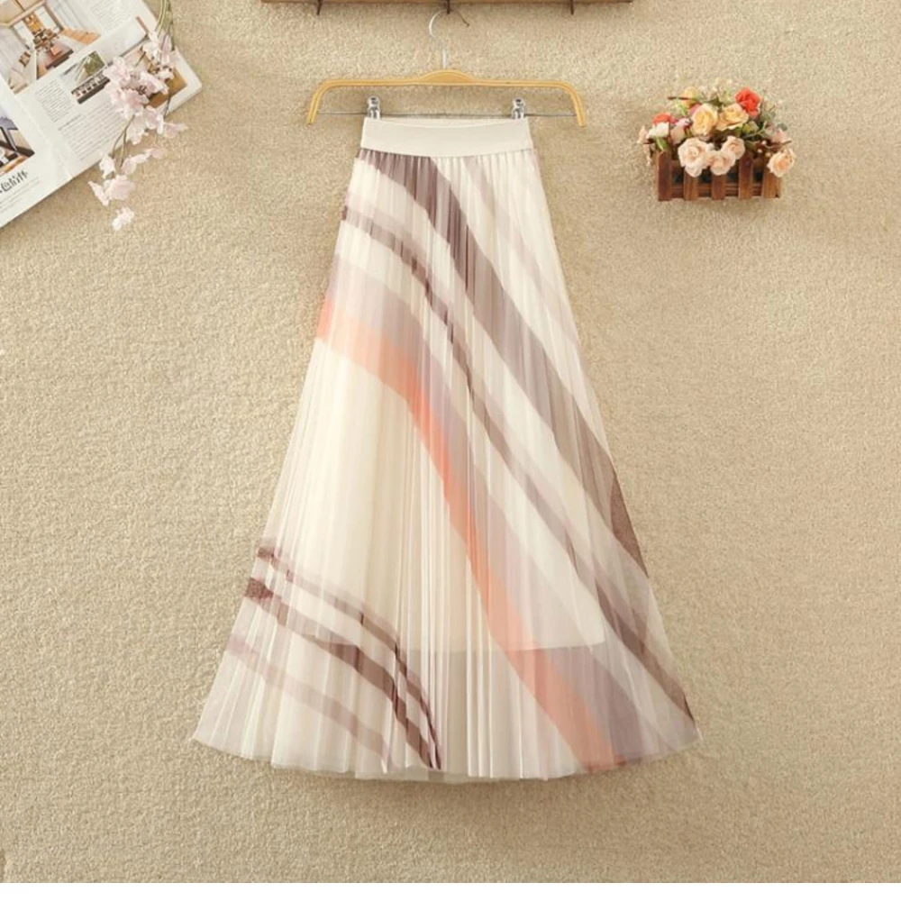 Summer Pleated Mesh Skirt Retro Collision Striped Half-body Skirt High Waist Thin Commuter Big Swing Skirt Female