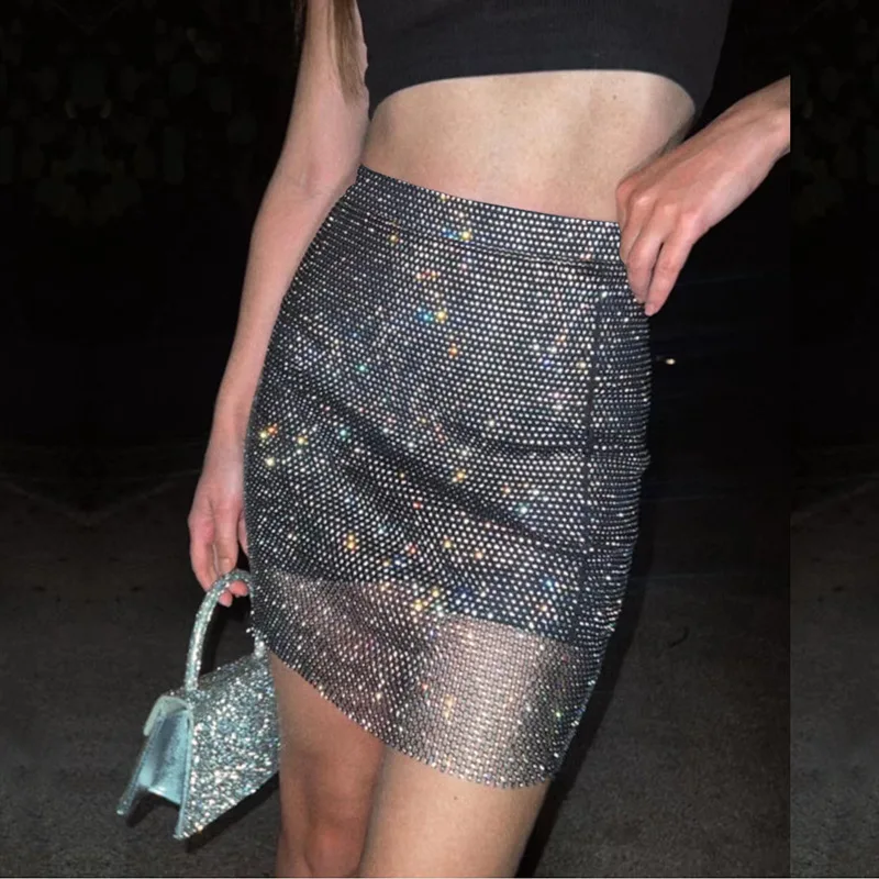 

Women Solid Empire Hollow Out Slim White Skirts Shiny Rhinestone Fishnet Grid See Through Bodycon Package Hip Mini Skirt