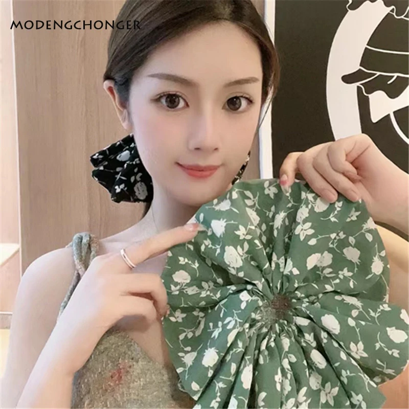 New Fashion Oversized Printed Hair Tie Elegant Chiffon Hair Scrunchies Elastic Hair Rope For Women Hair Ring Hair Accessories printed logo twill paper bag tote bag solid color red jewelry gift bag ring necklace women packaging bag brand same style bag