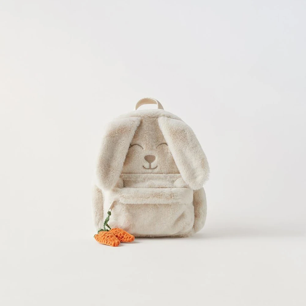 Personalized Custom Beige Plush Cute Carrot Hanging Ear Rabbit Women's Backpack, Embroidered Children's Cute Gift Bag With Name