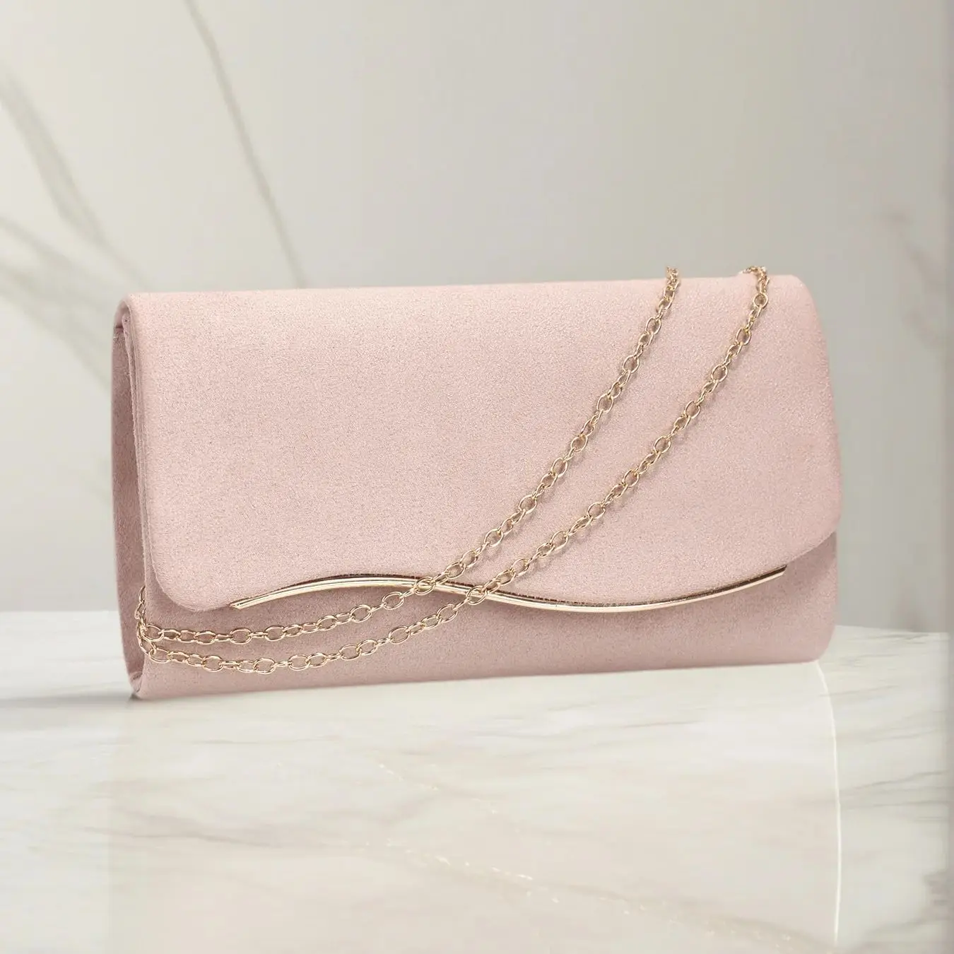 Apricot Velvet Clutch Bag With Shoulder Chain For Women
