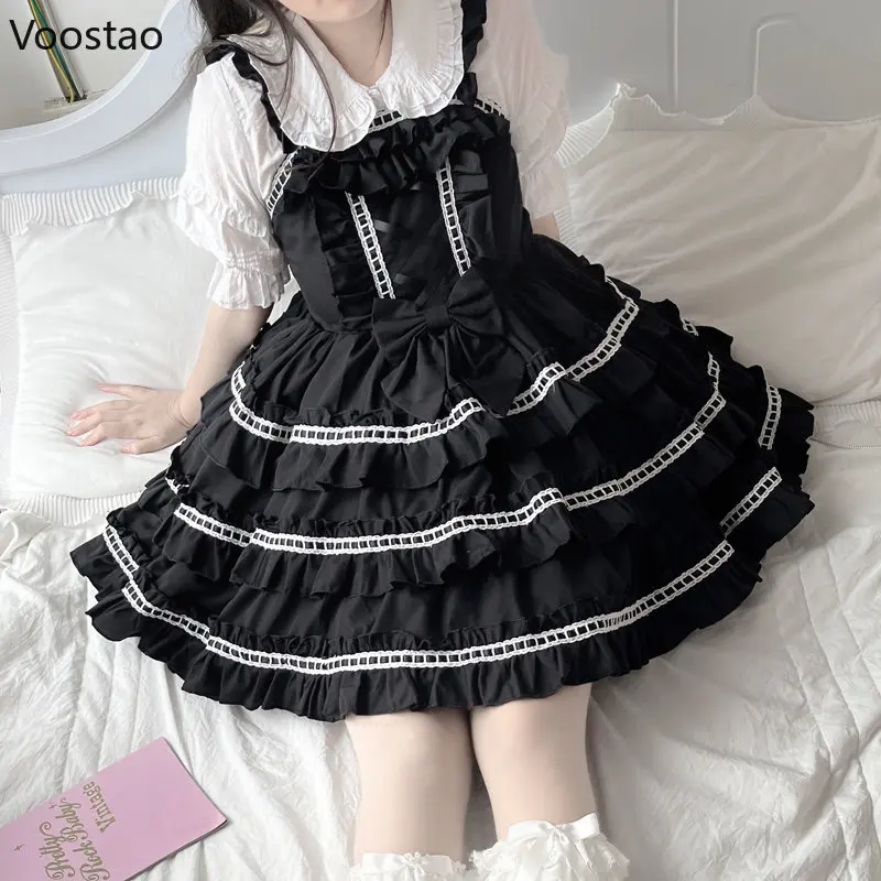 Japanese Kawaii Lolita Jsk Dress Women Vintage Gothic Ruffles Sleeveless Sweet Bow Princess Mini Dresses Girly Punk Strap Dress lolita dress lolita suspender dress lolita cosplay costumes suspender dress