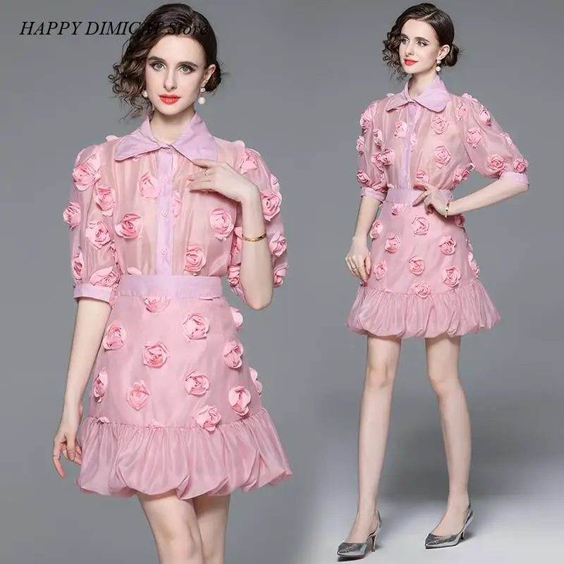 Two Piece Set Mini Bud Skirt Suits Summer Women's 2 Piece Skirt Sets Sweet Pink 3D Flower Appliques Short Sleeve Shirt