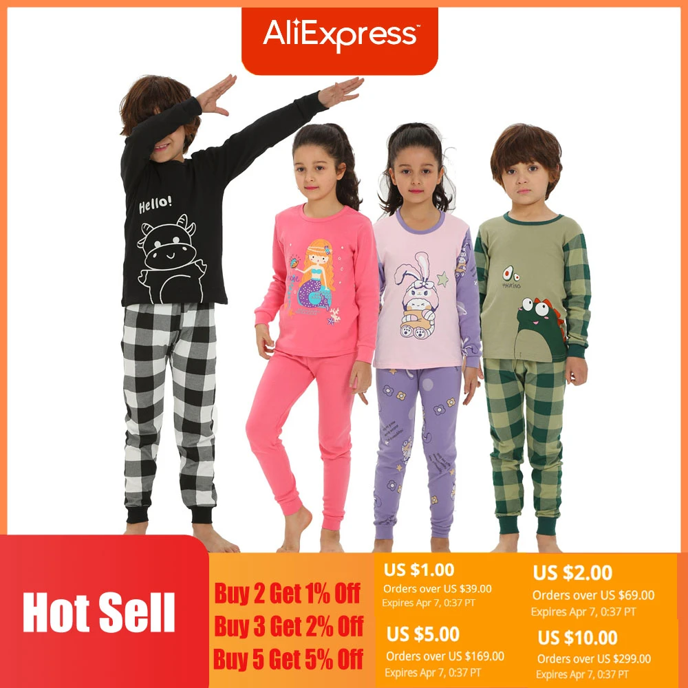 Boys Girls Pajamas Autumn Winter Long sleeve Children's Clothing Sleepwear Cotton Pyjamas Sets For Kids 2 4 6 8 10 12 14 Years