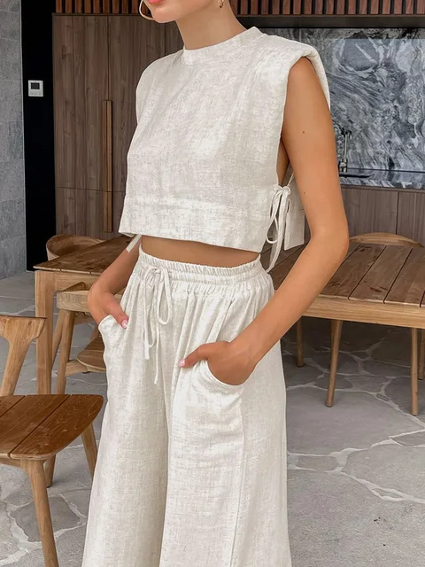 Spring Summer 2025 Women Holiday Linen Pant Set Crop Tops Solid Outfits 2 Two Piece Matching Set For Women