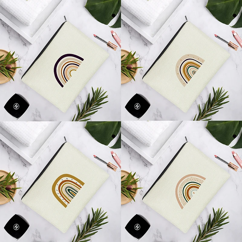 

Ins Fashion Cartoon Brown Little Rainbow Love White Linen Cosmetic Bag For Women Easy Carry Storage Travel 15x22cm/18x25cm