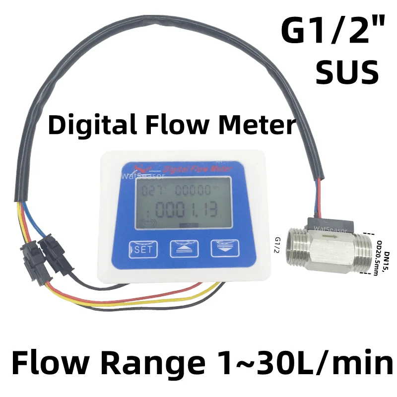 G1/2" Turbine Flow Digital LCD Display Water Flow Sensor Meter flowmeter Temperature time Total Show Rate