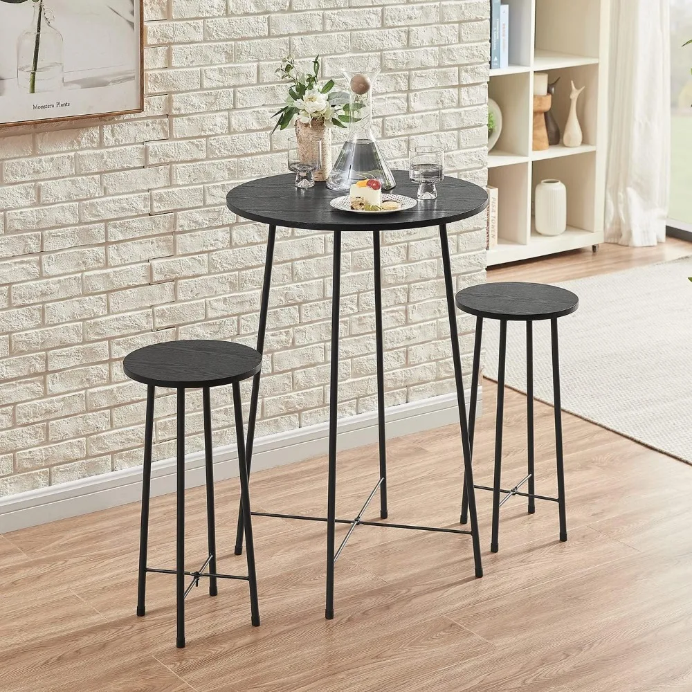 

3-Piece Table Sets Bar Chair Counter Height Wood Top Round Bistro Pub Furniture and Chairs Set of 2 Black Barstool Stools Stool