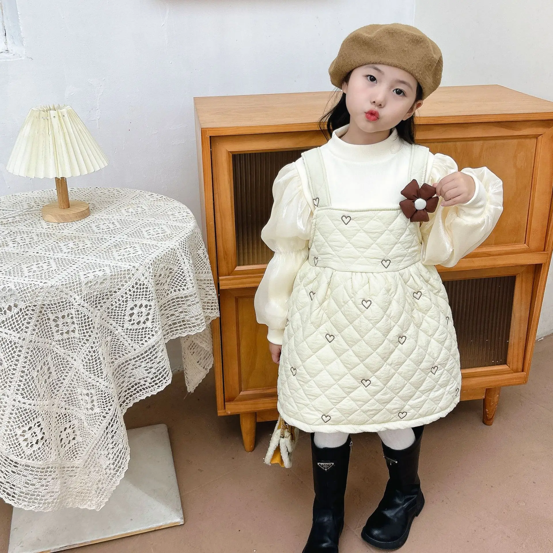 

Children Sets Girls Dress Autumn Winter New Solid Color O-neck Long Sleeve Plush Bottom Thickened Flower Tank Top Skirt