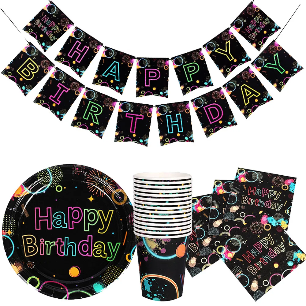 

Светящиеся фотообои, неоновые детали для столовой посуды, светящиеся неоновые бумажные фотообои 80-х 90-х, неоновые аксессуары для дня рождения, черные фотообои, Декор