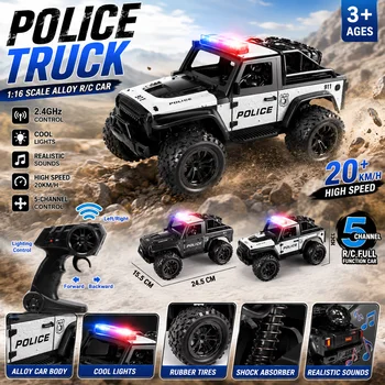 Auto Telecomandata 2.4G 1:16 in Lega, Alta Velocità, Fuoristrada, Modello Polizia con Musica e Luci LED, Giocattolo da Esterno, Regalo
