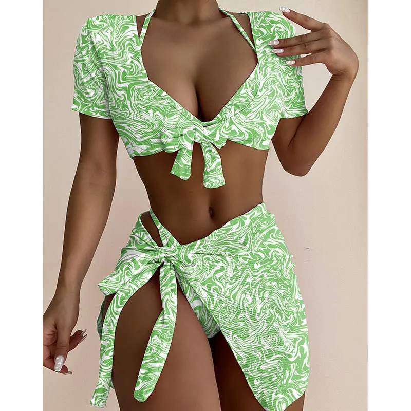 Women's Swimsuit 2022 Summer New Bikini Sexy Holiday Style Split 4-piece Printing Quick Dry Lady Swimwear Short Sleeve Cover Up