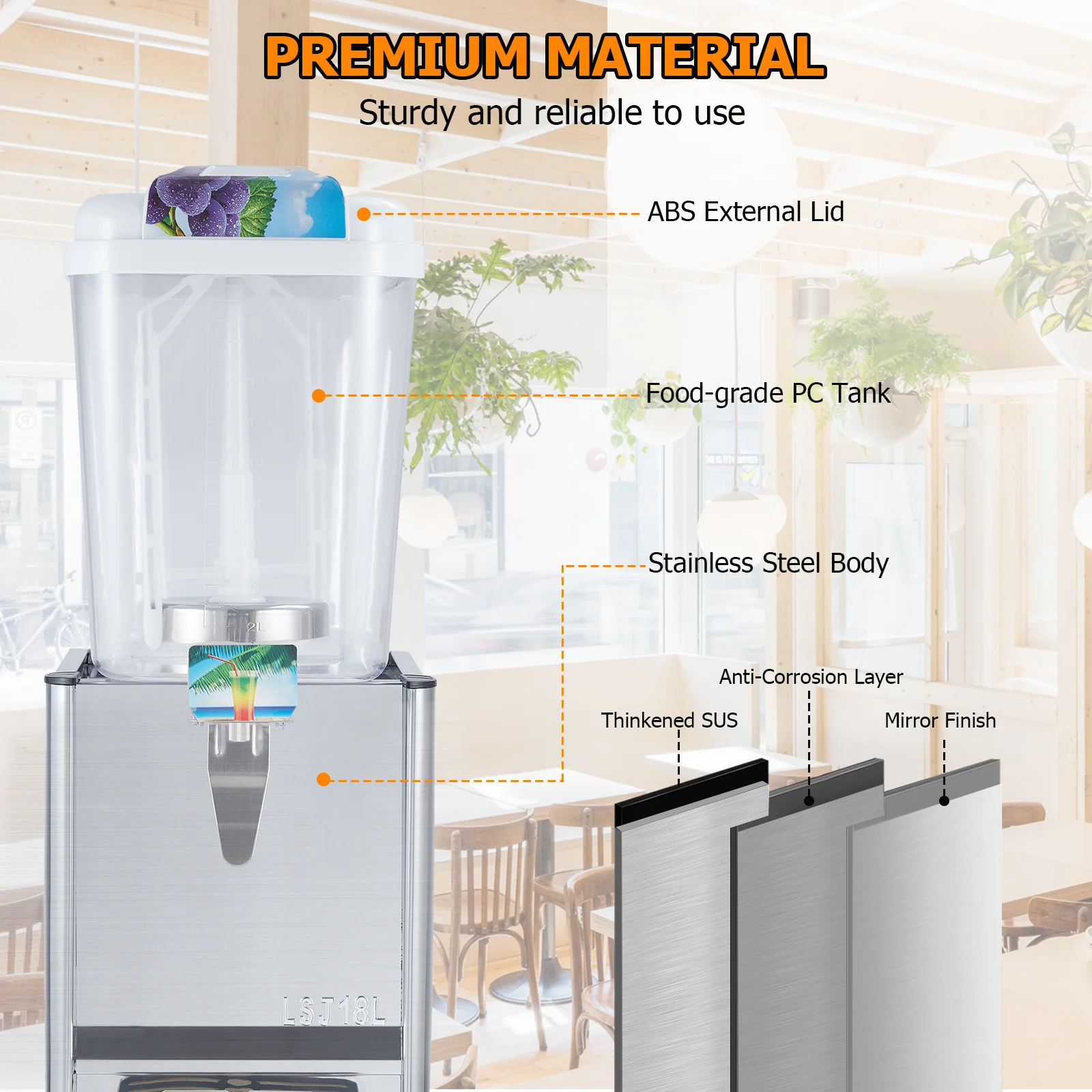 Commercial Beverage Dispenser, 1 Tanks 4.75 Gallon 18L Commercial Juice Dispenser, 18 Liter Per Tank, 180W Stainless Steel Food 4