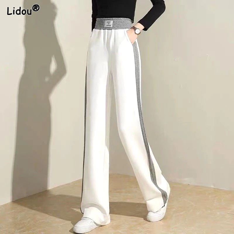 

Spring Summer Women's Clothing Elastic Waist Loose Casual Simplicity Straight Solid Patchwork Side Stripe Fashion Wide Leg Pants